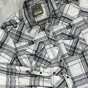 BKE Men's Shirt Sz L Black White Plaid Slim Fit Long Sleeve Button Up Pearl Snap